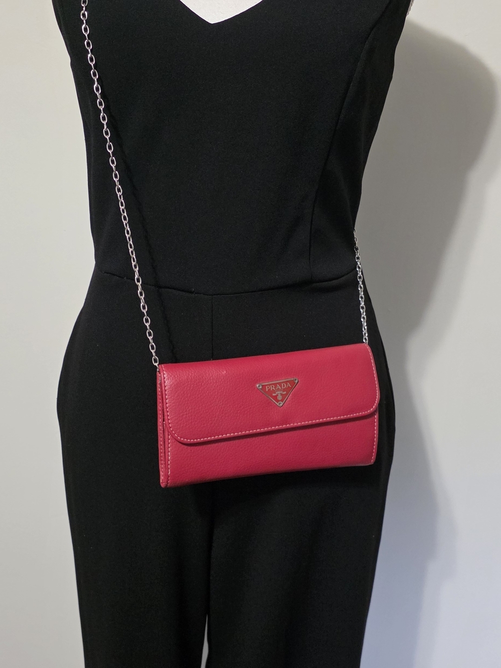 PRADA Red Leather Wallet and Silver Chain